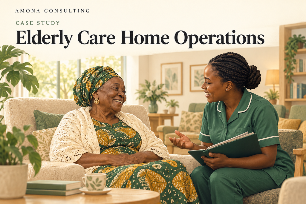 Illustrative scene of an older woman speaking with a care worker holding a resident folder.