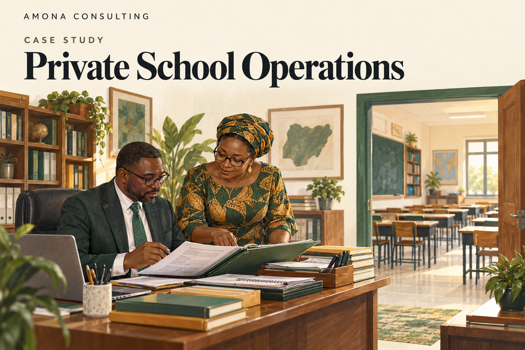 Illustrative scene of school leaders reviewing administrative records beside a classroom.