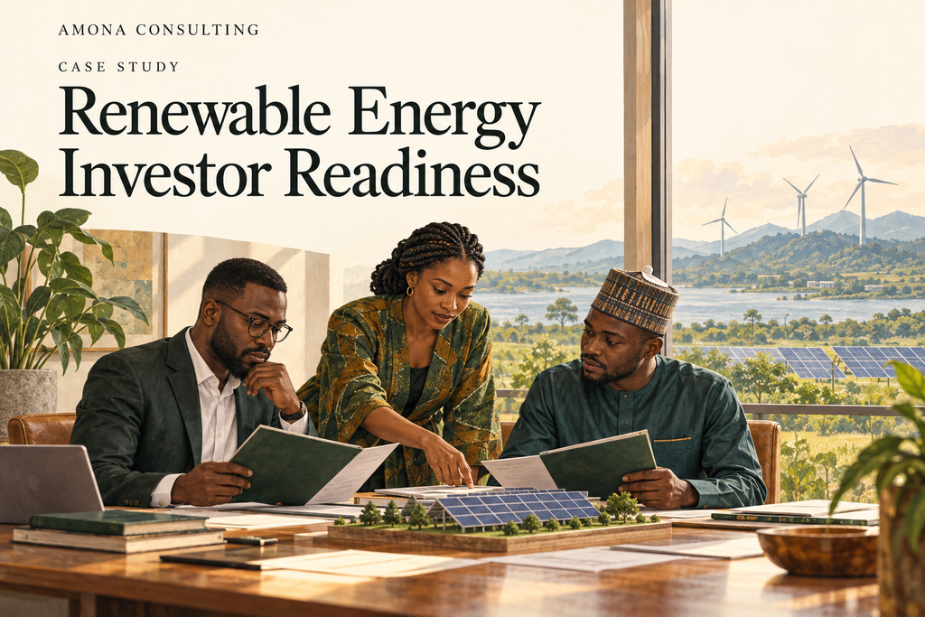 Illustrative scene of energy professionals reviewing project documents beside a solar-panel model.